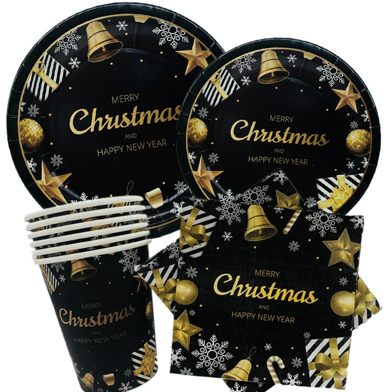 Счастливого Рождества украшения для дома счастливый год вечерние одноразовые столовые приборы набор Черное золото бумажная тарелка чашки ЕВА рождественские принадлежности