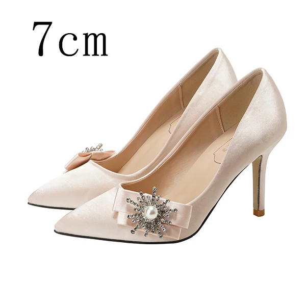 Роскошная женская свадебная обувь на высоком каблуке Стразы шелковые женские туфли-лодочки острый носок Брендовая обувь для вечеринок на высоком каблуке размера плюс новое поступление - Цвет: Golden 7cm Pumps