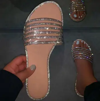 

Spring/summer new women 2020 rhinestone flat casual slippers outdoor wild sandals home durable PVC beach flip flop lady ms