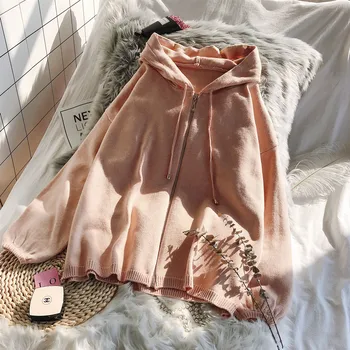 

Knitted Cardigan Coat for Women 2019 New Spring Autumn Solid Color Hooded Sweater Coat All-match Long Sleeve Zipper Sweater Top