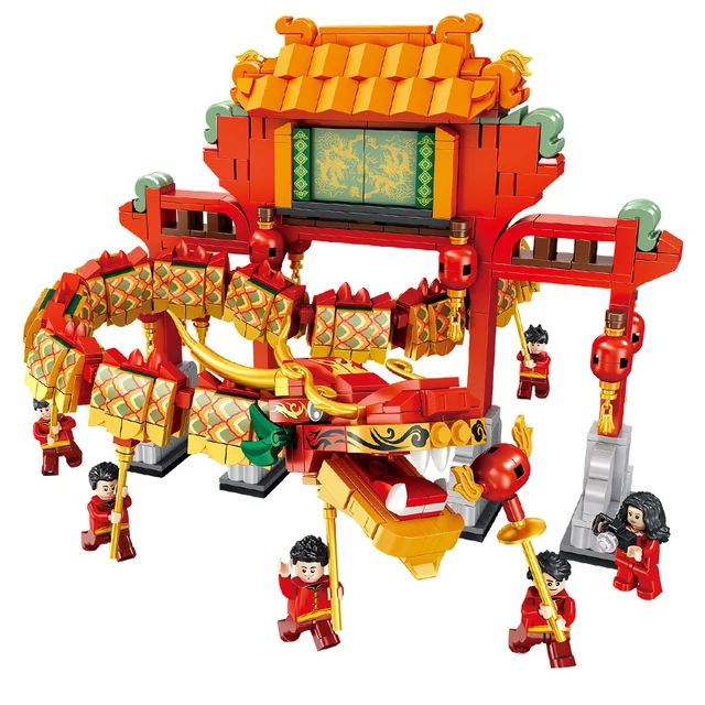 US $35.00 Chinese Street Building Blocks Model Assembly Lepining Bricks Dragon and lion dance Model Kit New Y
