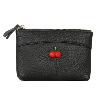 

COW LEATHER First Layer Cowhide Cherry Lady Zipper Leather Coin Purse Leather Key Ring Bag Mini Coin Purse Purses