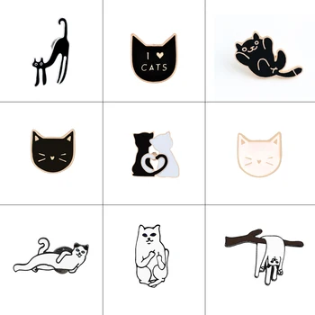 

Cat Brooch Collection Cartoon Animal Brooches Black White Couple Cat Enamel Pins Collar Lapel Pin Bag Metal Badges Jewelry Women