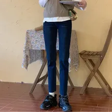 JUJULAND calssic стильные женские темно-синие теплые плотные джинсы с высокой талией, обтягивающие зимние прямые брюки, повседневные джинсы 8962