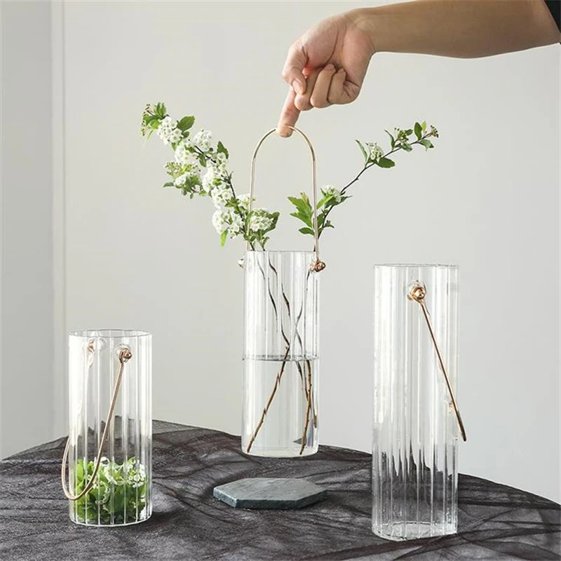 

Nordic Simplicity stripe Vase With Handle Tabletop Ornaments Flower Hydroponic Plant Glass Vase Home Decoration Accessories