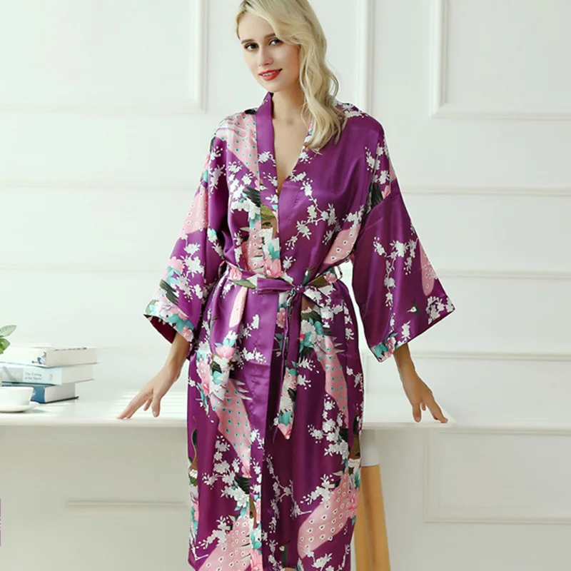 Print sleepwear robe women long sexy silk bathrobe female bride gown spring summer peacock home wear kimono night dress DR18336 (1)