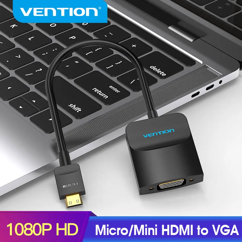 Adattatore Vga Vention Mini Micro Hdmi Maschio A Vga Femmina Convertitore 1080P Con Micro Alimentazione Audio Per Pc Adattatore Da Hdmi A Vga