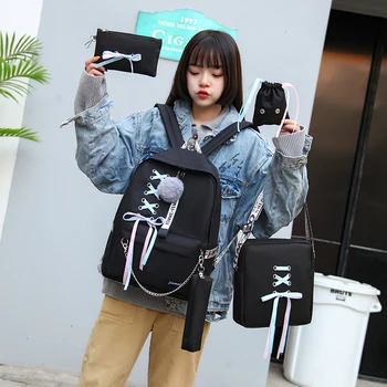 

Student bag 2019 summer bow five piece set high school student bag Korean version large capacity Middle School Student Backpack