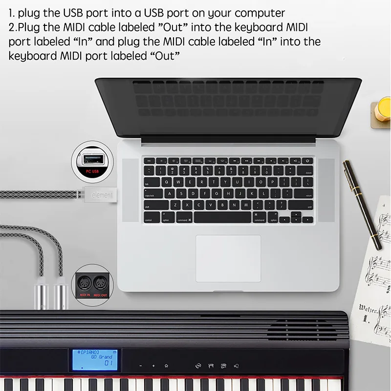 Прямая поставка-элемент MIDI кабель к USB конвертер IN-OUT, профессиональный MIDI интерфейс с индикатором светильник, чип обработки FTP, мета