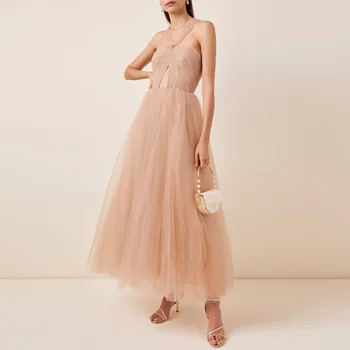 

Sexy Halter Summer Dress Women A-line Dresses Female Pleated Long Mesh Elegant Casual Night Club Party Vestidos Dresses Female