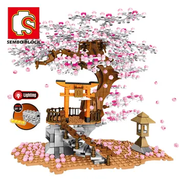

City Technic Street View Idea Sakura Inari Shrine Building Blocks Creator Cherry Tree House Bricks Toys Gifts For Girls Friends