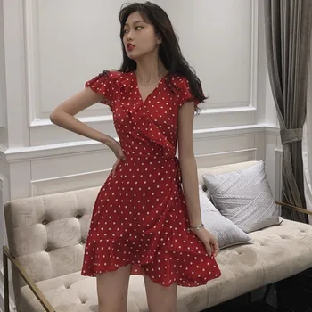 

2019 Women Polka Dots Summer Dress Casual Short Sleeve V-Neck Ruffle Dress Fashion Lace Up Chiffon Dresses Female Vestidos