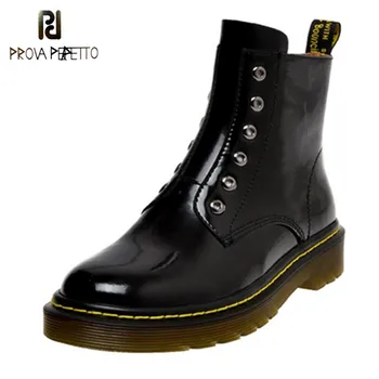 

Prova Perfetto Motorcycle Boots Round Toe Flat Boots Women Metal Decoration Mid-Calf Boots Kozaki Damskie Woman Winter Booties