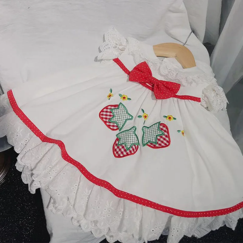 Лето, Новое поступление, испанское антикварное Хлопковое платье для девочек, крутое, дышащее, с рисунком клубники, кружевное, качественное платье принцессы