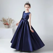 Kids Flower Dress Girl Lace Princess Dresses Nave Blue Custom Made Elegant Children Prom Long Gowns Teen Girls Party Evening