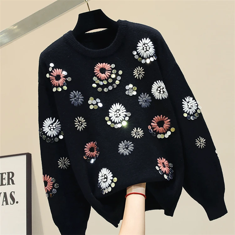 Винтажный вышитый свитер с длинным рукавом со стразами женский Зимний вязаный пуловер свободные ленивые теплые свитера женская черная трикотажная рубашка