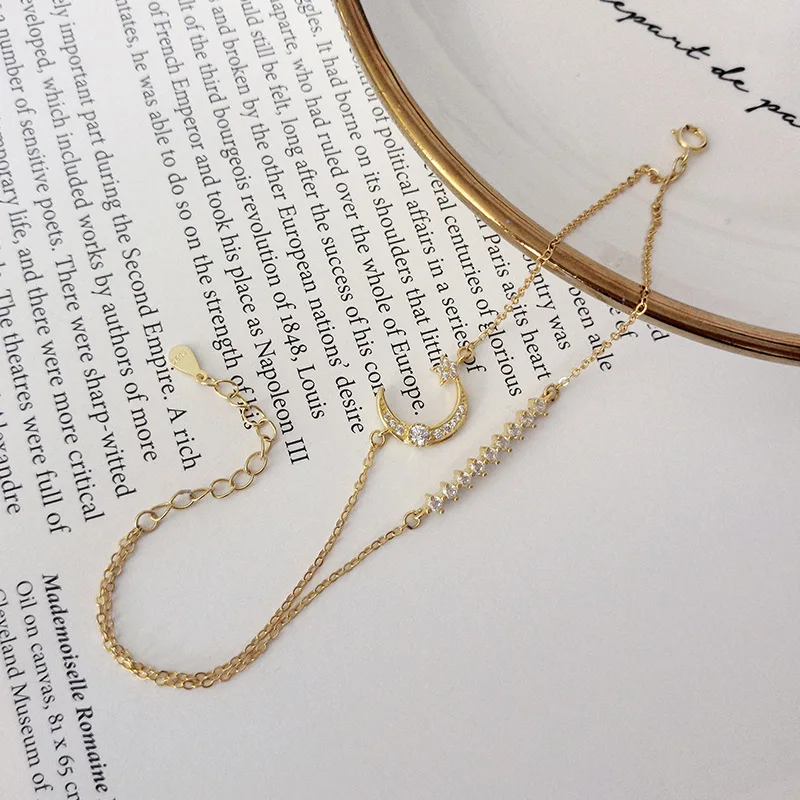 

Moon Design Zircon Layered Bracelets 925 Sterling Silver Gold Chain For Women Couple Joyas De Plata 925 Moda Mujer 2020 Jewelry