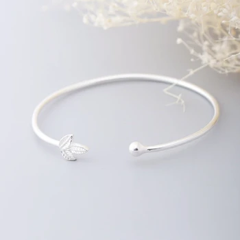 

Simple Korea Leaf Feather Fresh 925 Sterling Silver Temperament Female Trendy Resizable Opening Bangles SBR013