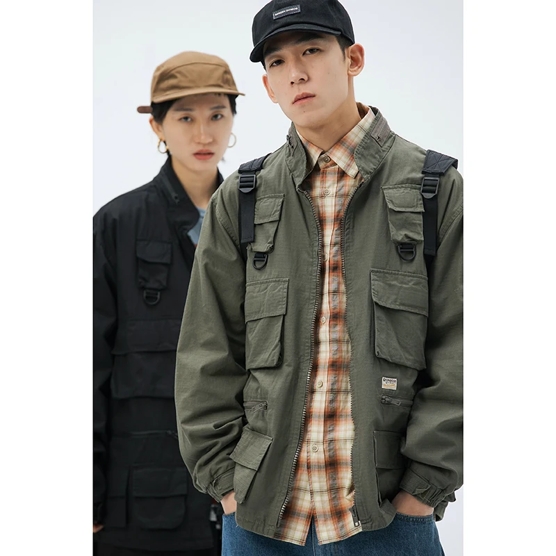 

Men Retro Fashion Multi-pocket Streetstyle Hip Hop Casual Safari Cargo Jacket Male Stand Collar Coat Outerwear