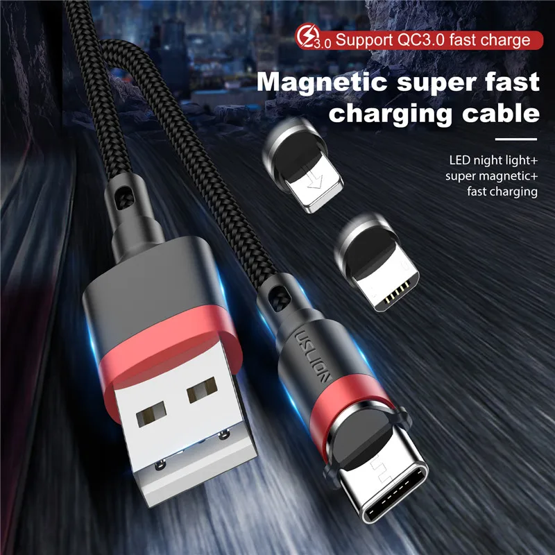 USLION светодиодный магнитный кабель Micro usb type C для iPhone Lighting Cable 2M 3A провод для быстрого заряда type-C Магнитный зарядный кабель для телефона