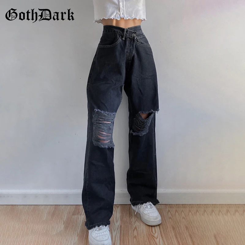 

Goth Dark Gothic Hip Hop Black Jeans Wide Leg High Waisted Korean Style Streetwear With Hole Pants Girls Loose Lady Jogging Wear