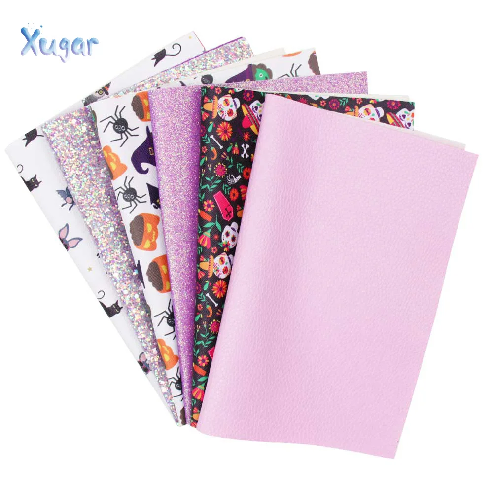 

Xugar 6pcs/set 22*30cm Halloween Printed Glitter Faux Synthetic Leather Fabric Set DIY Crafts For Hairbows Bags Shoes Materials