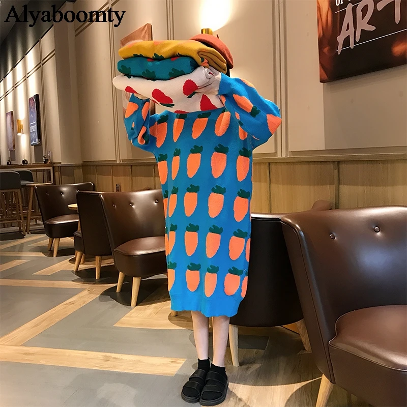 

Japanese Harajuku Women Thicken Warm Sweater Dress Beige Blue Yellow Carrot Knitted Kawaii Dress Korean Oversized Ulzzang Dress