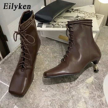 

Eilyken Brand Design Brown Black Lace-up Women Ankle Boots Square Toe Low Heel Boots Ladies Pumps Women Boots Shoes
