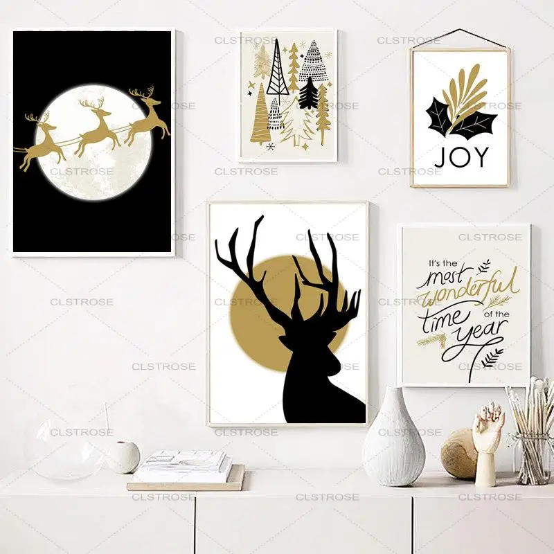 

Christmas Elk Wall Art Canvas Painting Nordic Abstract Forest Quote Poster Modern Black Gold Picture Home Decor Living Room
