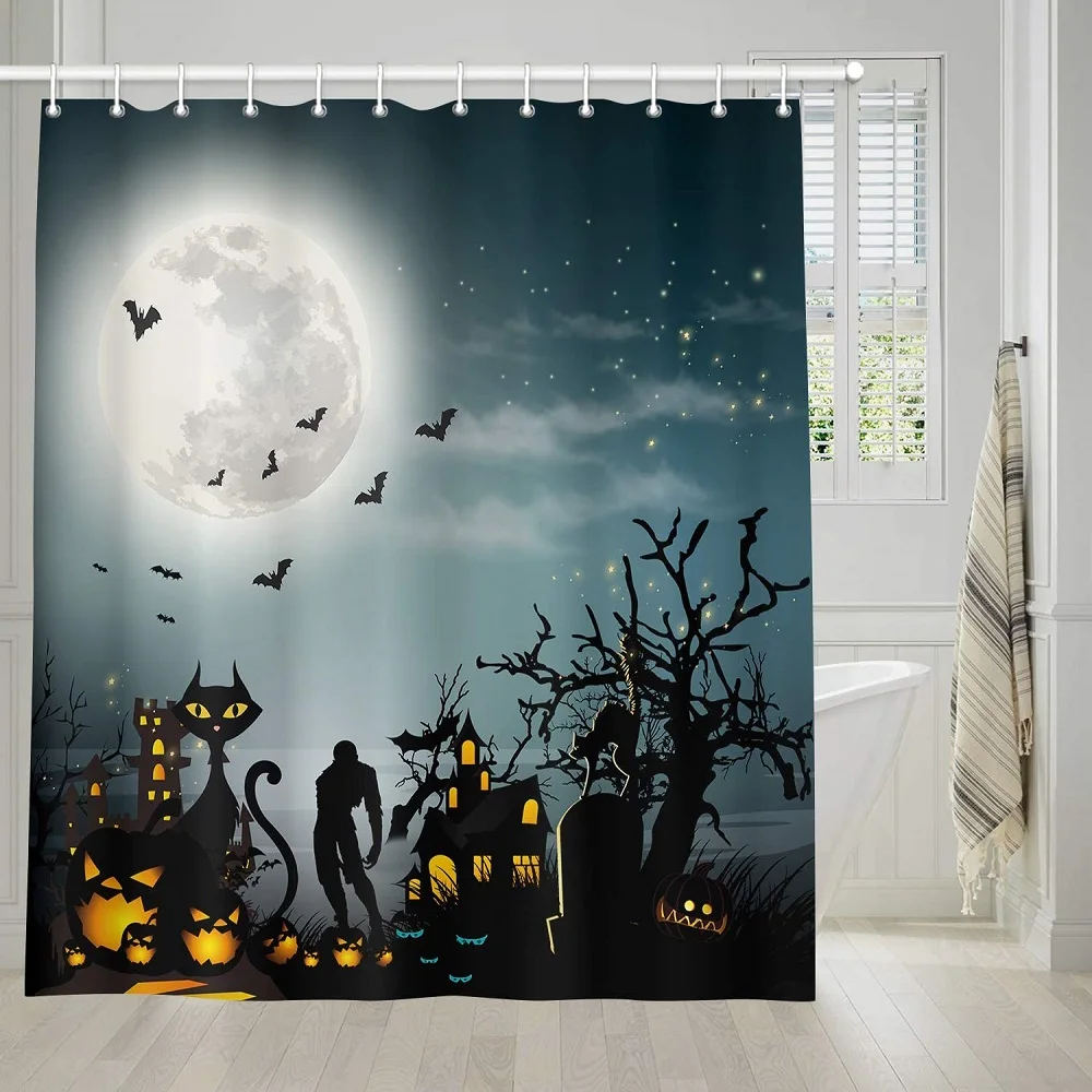 

HalloweenShowerCurtain ,Gothic Style Werewolf Ghost and Cat in The Cemetery Halloween Pumpkins and BatsBath Curtain