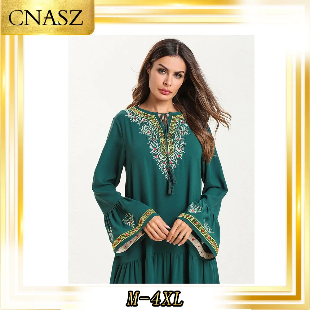 Abaya Дубай для женщин Среднего Востока Мода Большой размер Женская армейская зеленая труба рукава вышитое платье