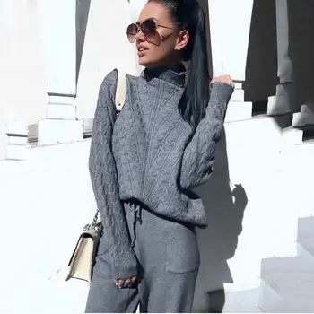 

Warm Knitted Sets Solid Women Turtleneck Twist Sweater Pant Two Piece Set 2019 Sportwear Winter Suit