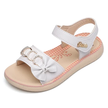 

Simple Girls Sandals Kids Beach Shoes Soft Children Sandals 2020 Summer Rhinestone Circels With Bowtie Princess Sweet 26-36 Cute