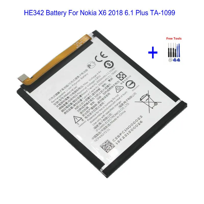 1x HE342 3060mAh /11.78Wh Сменный аккумулятор для Nokia X6 2018 6 1 Plus TA 1099 1109 X5 5 + набор инструментов