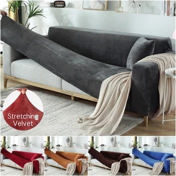 

Solid Color Thick Velvet Sofa Covers Universal Stretch Elastic Couch Slipcovers Sectional Sofa Covers Plush Warm 1/2/3/4 Seater