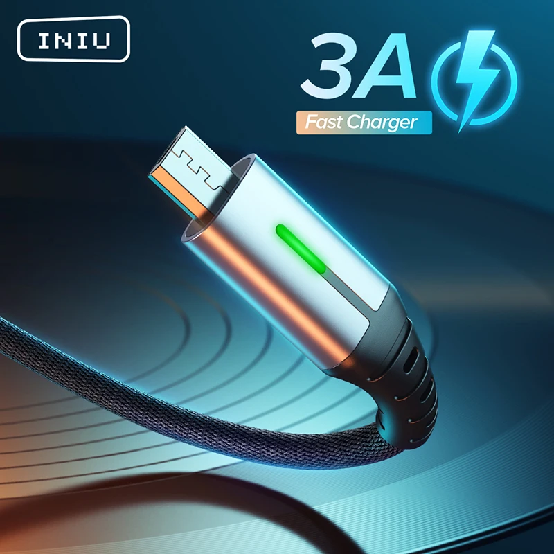Кабель Micro USB INIU 2 м 3 А светодиодный быстрая зарядка зарядное устройство для