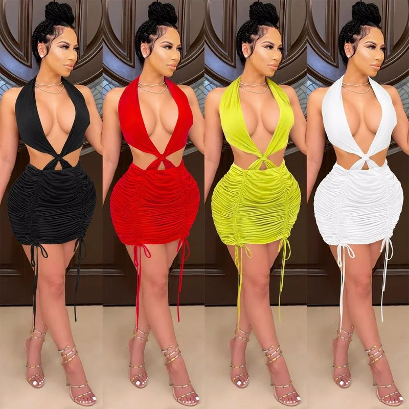 Solid Mini Dresses Aesthetic Summer Halter V-Neck Cleavage Bandage Sleeveless  Bodycon Stunning Sexy Club Style Female Streetwear - AliExpress