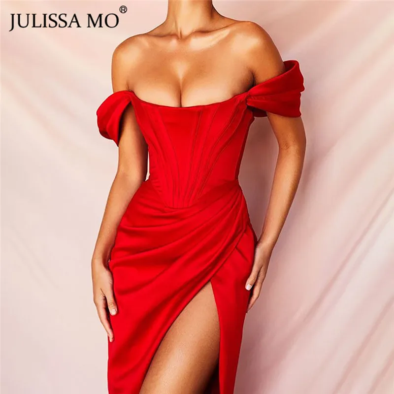 Julissa mo красная майка с открытыми плечами, сексуальное Вечерние Платье Для женщин без бретелек Разделение облегающее платье с низким вырезом на спине нарядное рождественское платье Vestido