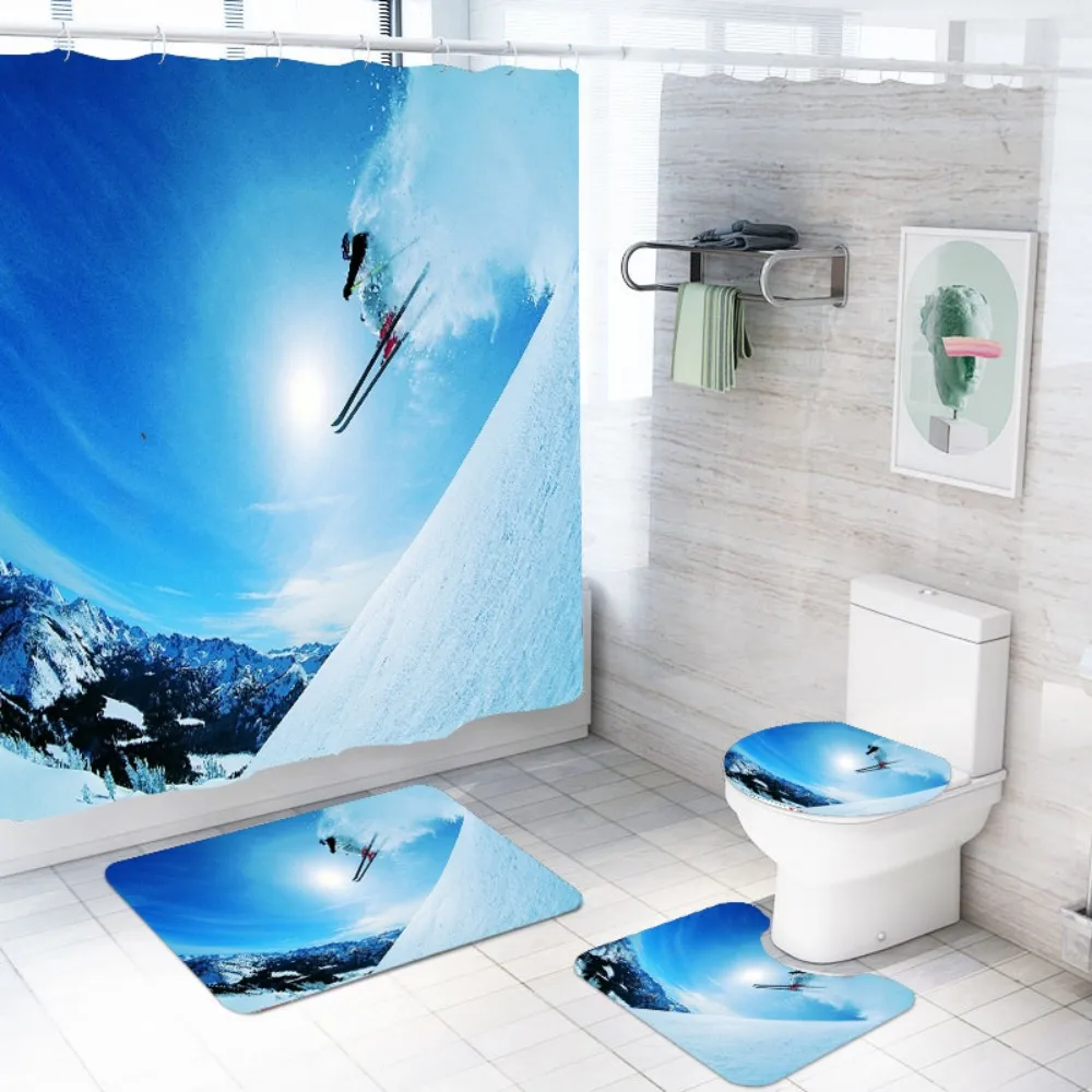 

Surf Bath Curtain Toilet Lid Cover Bath Rugs 4 Piece Tropical Beach Ocean Wave Shower Curtain Toilet Lid Bath Mat Set Free Hooks