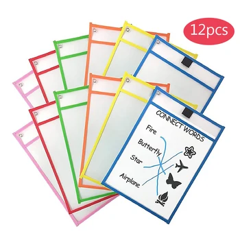 

12pcs Reusable Dry Erasable Pockets Transparent Write and Wipe Drawing Board Shop Ticket Holder File Storage Bag 10x14 inch