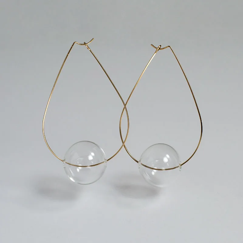 Original Large Water Drop Shape Clear Glass Ball Hoop Earrings For Women 2023 Unique Simple Wire Bubbles Earings Gift For Her