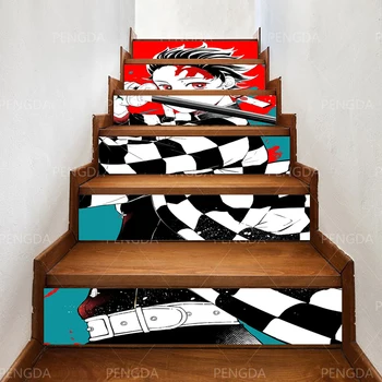 

PVC Waterproof Art Anime Home Decor Decal 3D Print Demon Slayer 6 Pcs Stair Sticker Self Adhesive Diy Paper for Bedroom Sticker