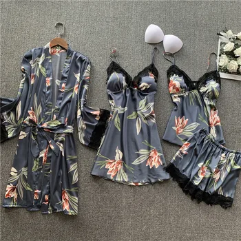 

Women's four-piece pajamas summer silk sexy suspender nightgown women's nightgown set long sleeve printing