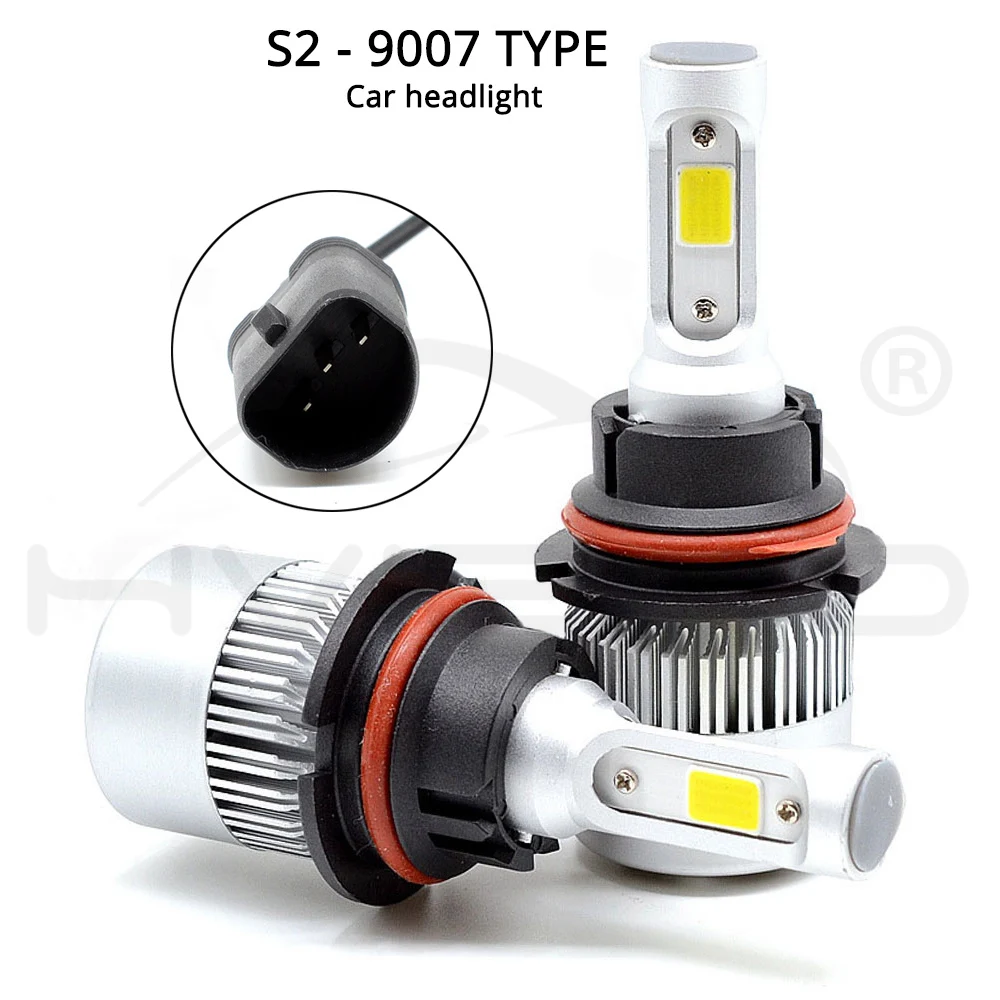 Hviero Car Heahlight Fog Lighting 9007 HB5 Hi-Lo High Low Beam S2 COB IP67 Waterproof 6500K 72W 8000LM Auto Headlamp Led DC 12v 24V
