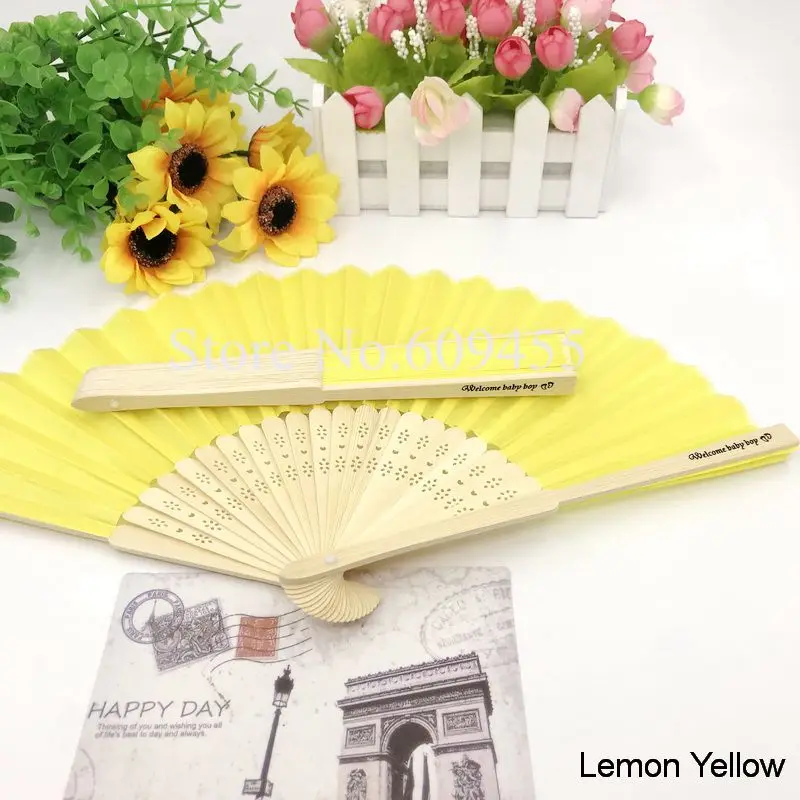 lemon yellow 90 шт./лот индивидуальный вентилятор из шелковой ткани персонализированные свадебные складные веер ручной работы вечерние подарки для гостей - Цвет: lemon yellow
