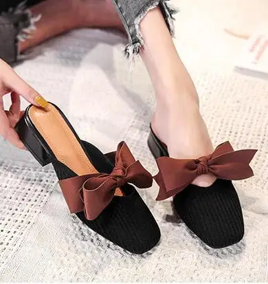 knitting square close chunky mules slides trendy casual bow-knot shallow slingback loafers breathable fly weave slippers autumn - Цвет: Черный