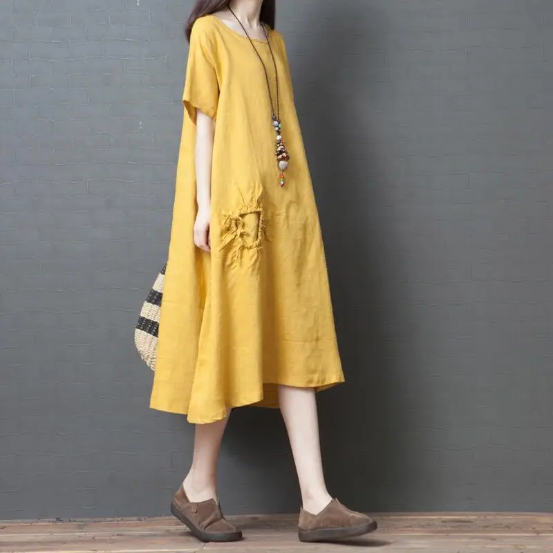 

Summer New Style 2019 Korean-style Loose And Plus-sized WOMEN'S Dress-Style Cotton Linen Crew Neck Dress