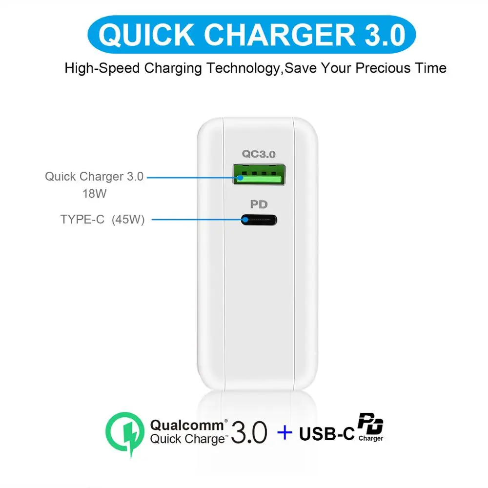 Зарядное устройство USB C, зарядное устройство QC 3,0 с портом USB C 45 Вт, для USB-C ноутбуков, iPhone и многое другое