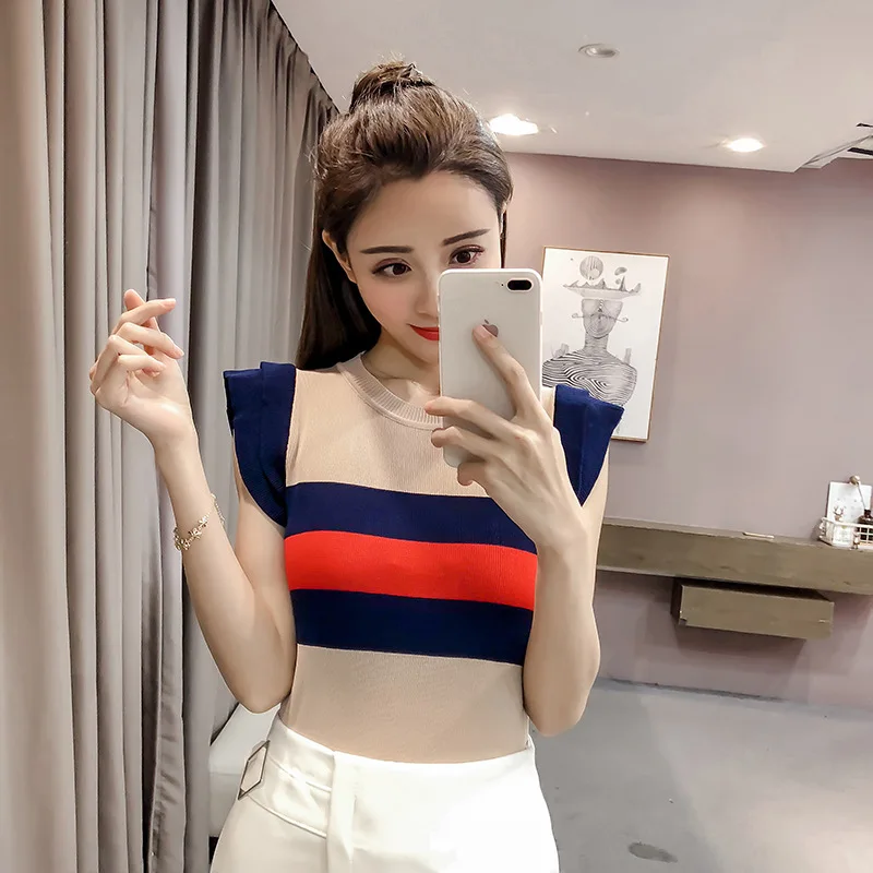 2019 Летний Новый стиль корейский стиль Универсальный полосатый цветной вискозный приталенный тонкий свитер с коротким рукавом топы