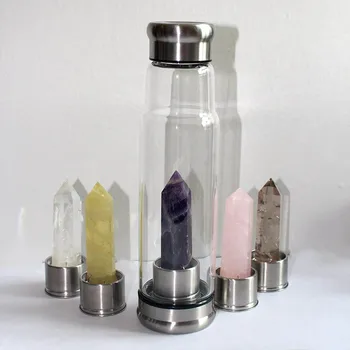 

500ml gem stone clear glass bottles portable metal lid natural crystal water bottle